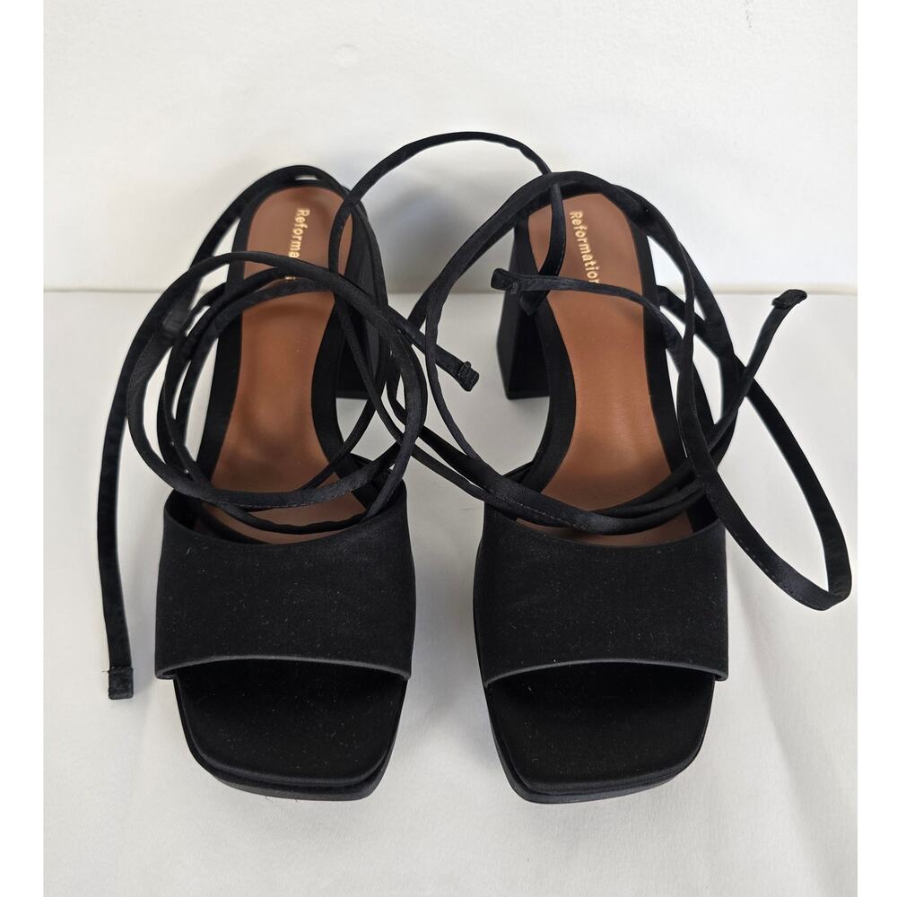 Reformation Magda Tie Platform Heels Black Satin Wrap Sandal Sz 7